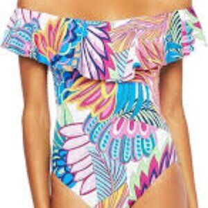 ✅ Trina Turk Women's Off-The-Shoulder Ruffle Bandeau One Piece Swimsuit SIZE 6
